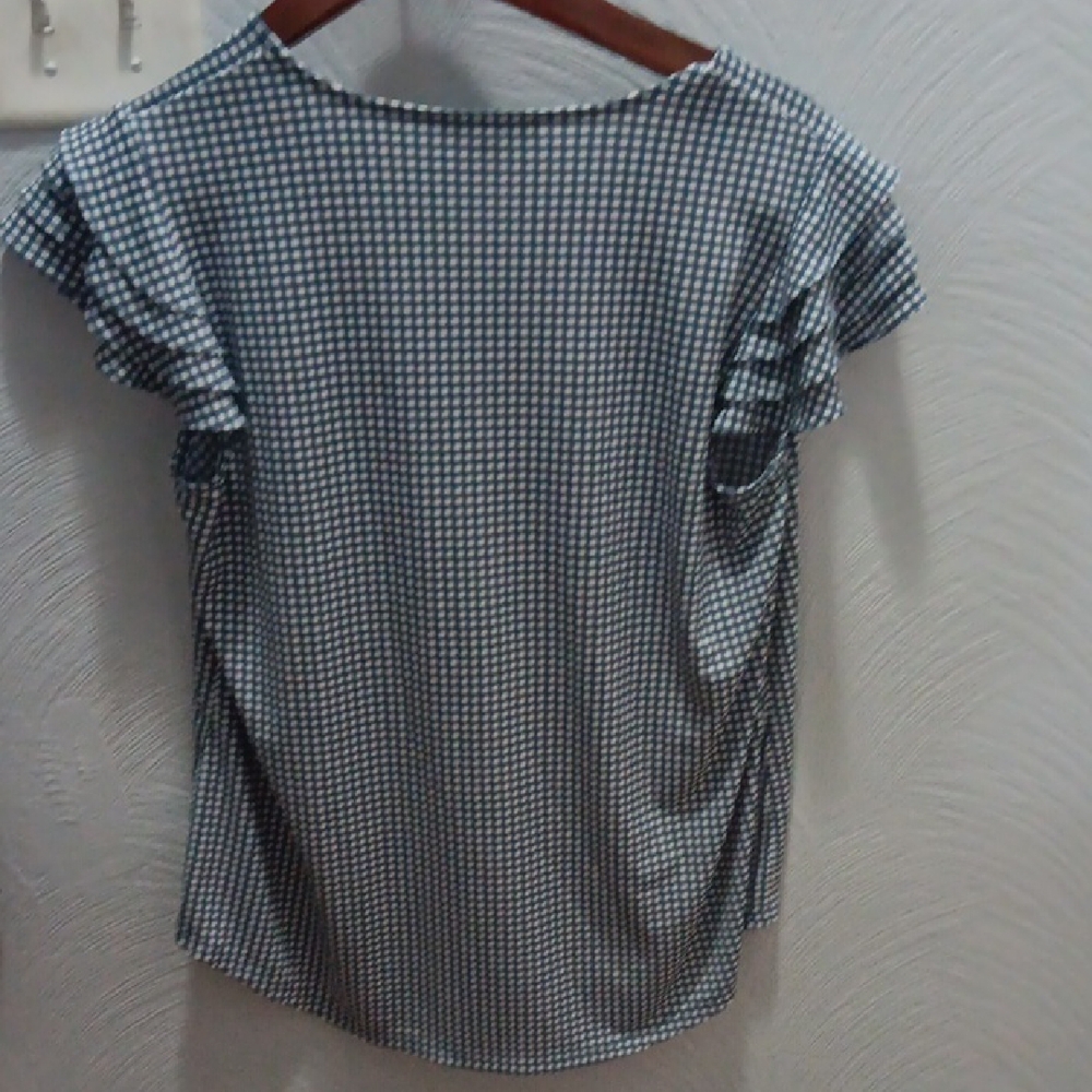 Adrianna Papell Navy Checkered Blouse with Flutter Sleeves - Picture 4 of 4